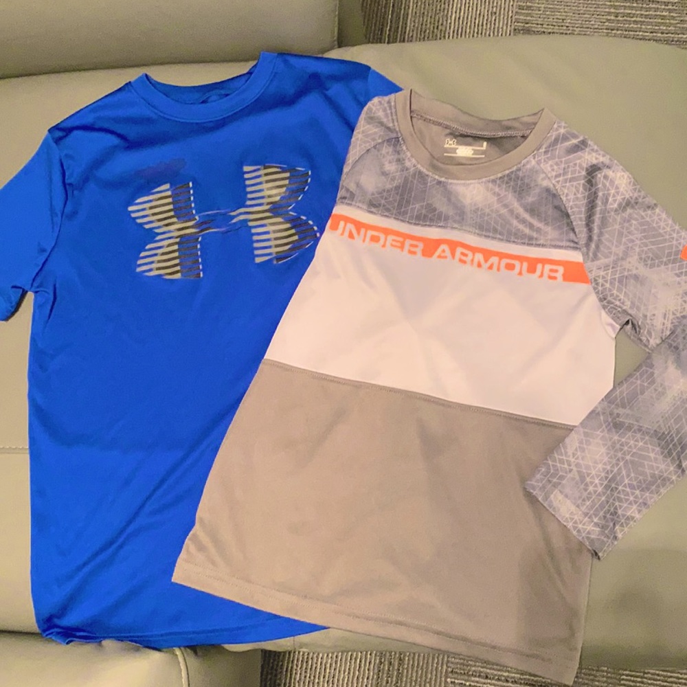 Set of 2 Under Armour Boys 6 Long Sleeve and Youth M Short Sleeve Shirts